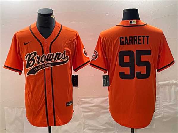 Mens Cleveland Browns #95 Myles Garrett Orange With Patch Cool Base Stitched Baseball Jersey